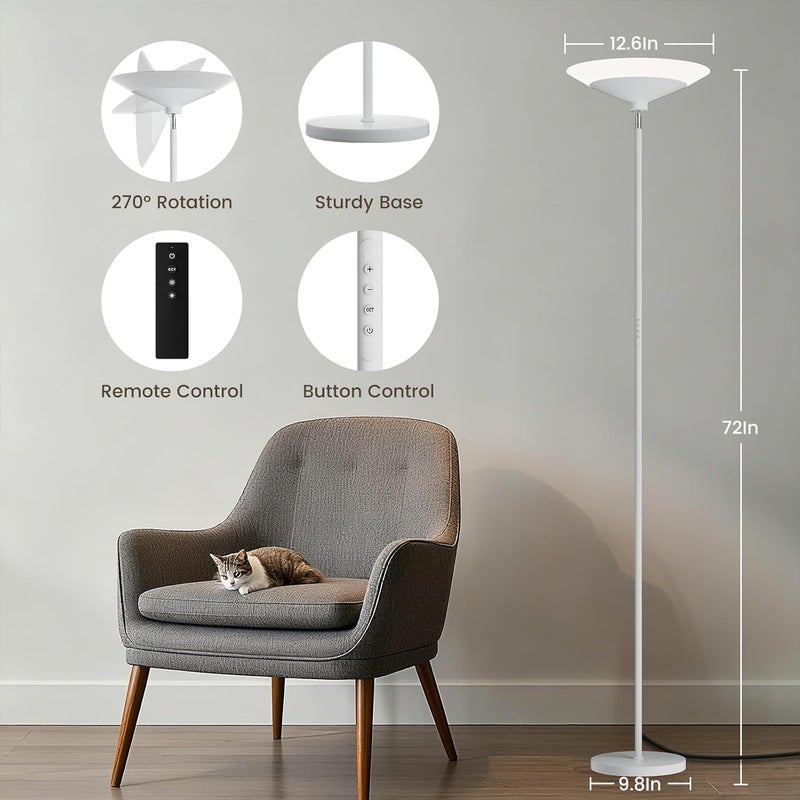 SIBRILLE White Torchiere Floor Lamp - 30W Dimmable LED Standing Lamp with Remote/Button Control, 1800Lm, 3000-6500K, 72in Bright Standing Pole Light for Living Room Bedroom Office Corner - Image 2